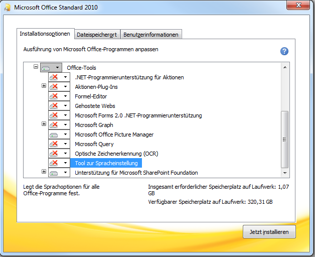 Benötigte Komponenten von Office 2010 - Office Tools aufgeklappt