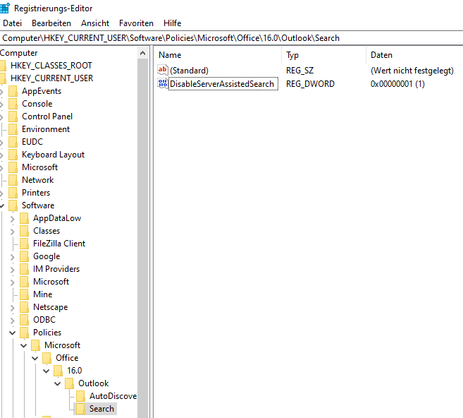 Outlook-Suchfunktion: Windows Registry